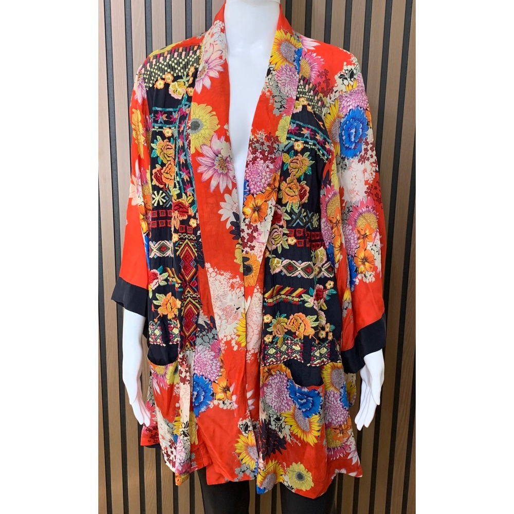 Johnny Was Women's Silk Floral Embroidered Kimono Cardigan Red Multi 2X